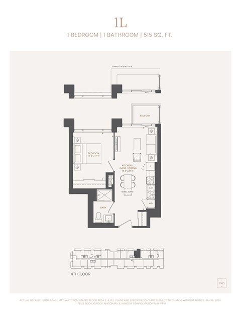 Floor plan for 1 bed, 1 bath, 515 sqft